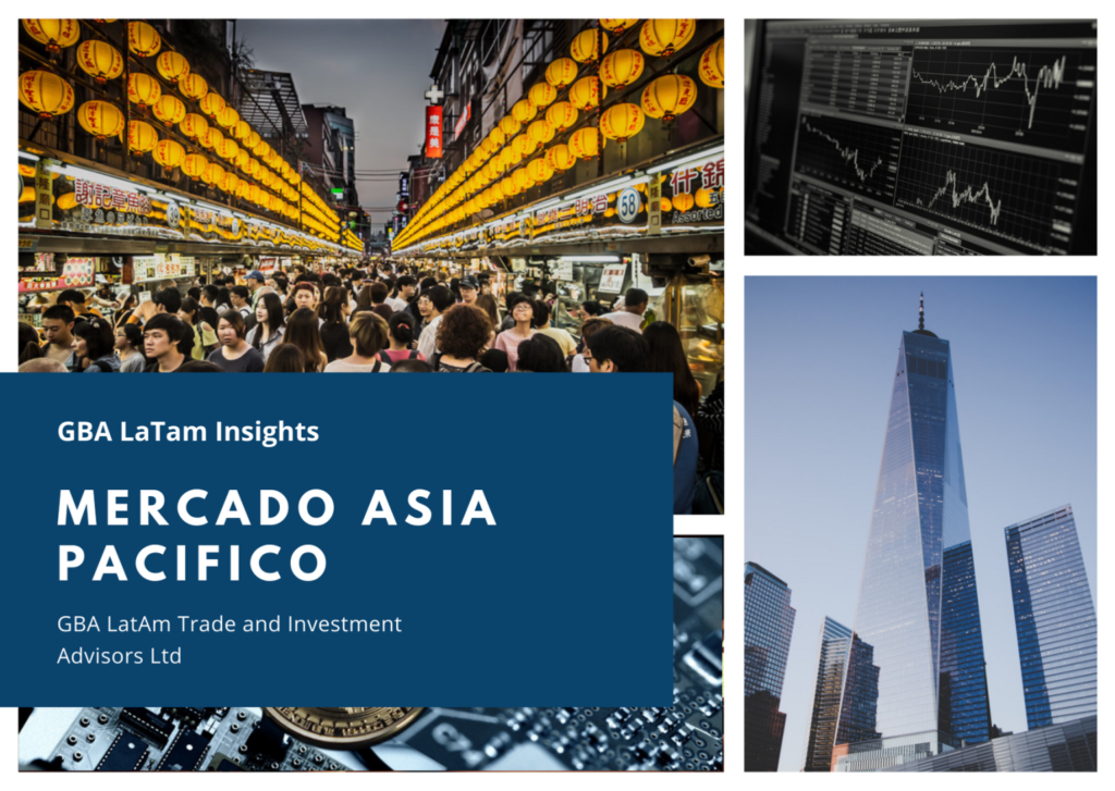 A professional graphic collage for "MERCADO ASIA PACIFICO" by GBA LaTam Insights, featuring a crowded Asian night market, financial stock charts, a modern skyscraper, and a microchip circuit board.